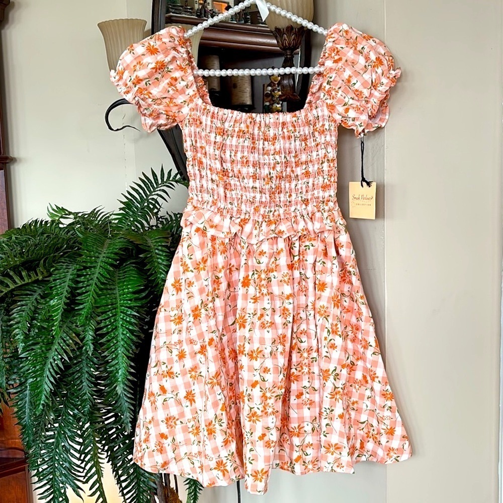 Brand New Smak Parlour Peach Gingham Floral Smocked Mini Dress Puff Sleeves Mod - Picture 15 of 15
